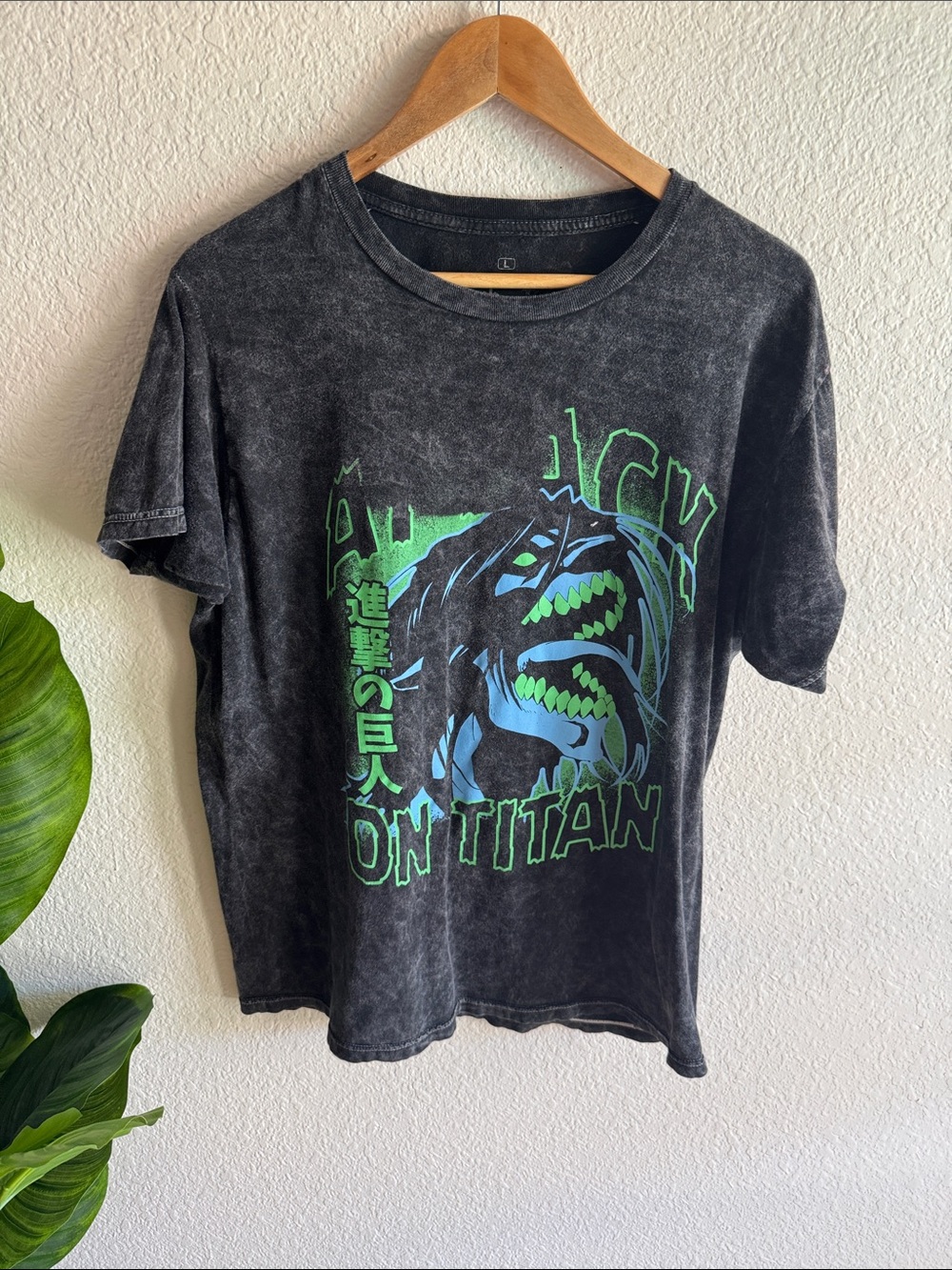 Attack on Titan Graphic Tee - Black with Neon Green & Blue Print with small hole